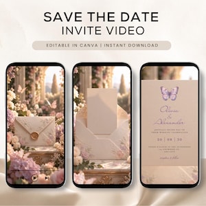 May include: Three smartphone screens displaying a Save the Date invite video template. The screens show an envelope with a wax seal, an open envelope with a blank card, and a wedding invitation featuring a butterfly and the text Olivia & Alexander.