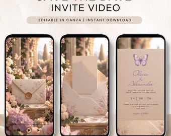 May include: Three smartphone screens displaying a Save the Date invite video template. The screens show an envelope with a wax seal, an open envelope with a blank card, and a wedding invitation featuring a butterfly and the text Olivia & Alexander.