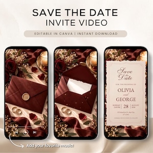 May include: Three smartphone screens displaying a Save the Date invite video template. The design features a deep burgundy envelope with a gold wax seal, wedding rings, and floral accents. Text includes Save the Date, Olivia and George, August 28, 2030.
