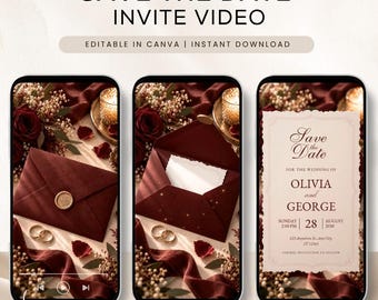 May include: Three smartphone screens displaying a Save the Date invite video template. The design features a deep burgundy envelope with a gold wax seal, wedding rings, and floral accents. Text includes Save the Date, Olivia and George, August 28, 2030.