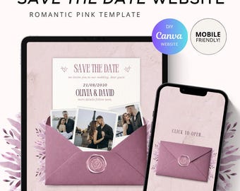 Minimalist Save the Date Envelope Website, Pink Blush Wedding Invite, Canva Website Template