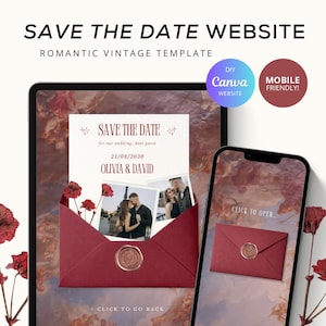 Vintage Save the Date Website, Romantic Bordeaux Wedding Invite, Interactive Envelope Canva Template