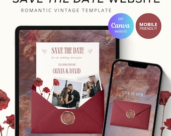 Vintage Save the Date Website, Romantic Bordeaux Wedding Invite, Interactive Envelope Canva Template