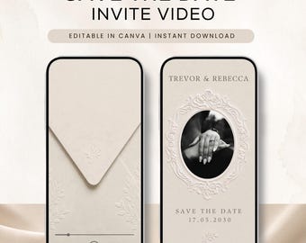 May include: Two smartphone screens displaying a digital save the date invite video template. The left screen shows an envelope graphic with playback controls. The right screen features the text Trevor & Rebecca, a black and white photo, and 17.05.2030.