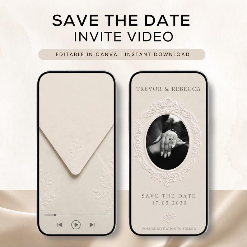 wedding video invitation, save the date template, Canva save the date, editable Canva template