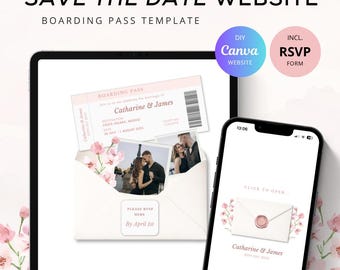 Pink Boarding Pass Wedding Invitation Website, Destination Boarding Pass Invitation, Digital Wedding RSVP Website, Soft Pink Canva Template