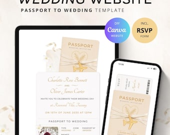 May include: A digital wedding website template featuring a passport-themed invitation design. The layout includes text fields for names, dates, and locations, with a passport graphic, a small airplane icon, and an integrated RSVP form.