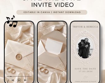 May include: A digital Save the Date invite video template for Canva featuring three smartphone screens displaying cream-colored envelopes, wedding rings, and a black and white photo of a couple in an ornate oval frame with text Trevor & Rebecca.
