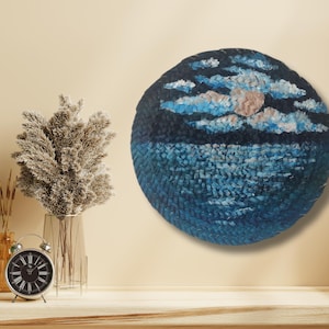 Original Acrylic Painting on Woven Mat – Moonlight Sea Art – 35cm Round Wall Decor – Blue Boho Nature Artwork