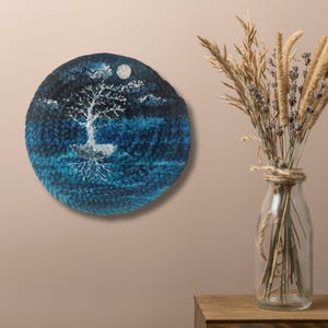 Original Acrylic Painting on Woven Mat – Moonlight Tree Art – 35cm Round Wall Decor – Blue Boho Nature Artwork