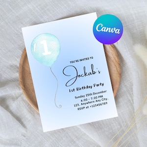 Boy 1st Birthday Digital Invitation, Blue Balloon Baby&#39;s First Birthday Party Kids Evite, Text Message Phone Invite, Editable Canva Template