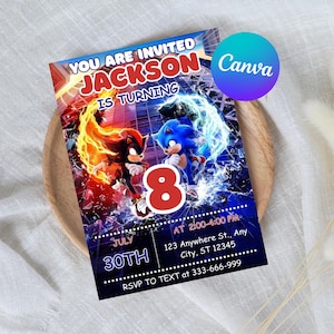 Sonic 3 Birthday Invitation, Super Sonic Party Invitation, Super Hedgehog Boys Party Invite, Editable Sonic Invite Template, Canva Template