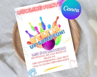 Puede incluir: Una invitación a una fiesta de bolos con fondo blanco. El diseño presenta texto de neón que dice "BOWLING PARTY" y "STRIKE UP SOME FUN!". Una bola de bolos morada y bolos coloridos están en el centro. La invitación es para el 6º cumpleaños de Leo.
