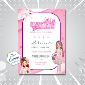 Könnte beinhalten: Eine rosa Geburtstagseinladung mit dem Text "Dress to Impress" und "Melissas 7. Geburtstagsparty". Die Einladung zeigt Illustrationen von Puppen und Sternen, mit dem Canva-Logo in der Ecke.