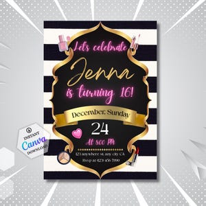 May include: A black and white striped invitation card with gold detailing. The card says "Let's celebrate Jenna is turning 16!" with the date December 24th. Makeup icons and the Canva logo are also present.