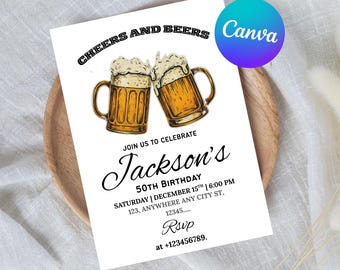 Cheers and Beers to 40 Years Birthday Invitation for Him, Cheers to 40 Years Invite, Mens 40th Party Printable, Forty Gold Black