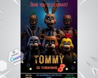 Invitación de cumpleaños de Freddy editable: Invitación de Five Nights at Freddy editable en Canva para niños y niñas (descarga digital)