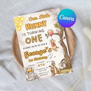 Winnie the Pooh 1st Birthday Invitation Classic Pooh Birthday Invite Vintage Winnie the Pooh Characters First Birthday girl Boy Invite Canva