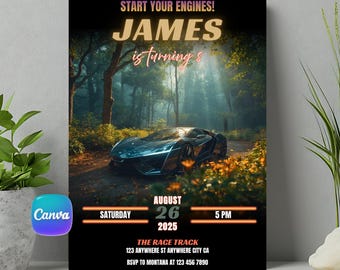 Super Car Birthday Invitation Template: Race Car Party Canva Editable (Digital Download)