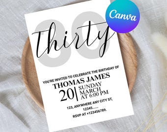 Può includere: Un biglietto d'invito bianco con la parola "Thirty" in corsivo e il numero "30" in grigio. Il testo dell'invito include il nome Thomas James, la data, l'ora e le informazioni RSVP. Il logo Canva si trova in alto a destra.