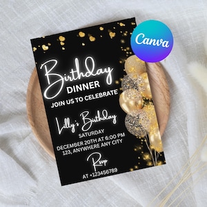 Invitation numérique de fête d'anniversaire de ballon d'or, téléchargement instantané d'invitation de texte noir et or, imprimable et partageable