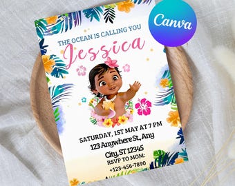 Baby Moana Birthday Invitation, Editable Digital Hawaiian Moana Birthday Invite, Kids Theme Party Invitation, Digital Baby Moana Template
