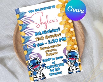 Stitch Birthday Invitation, Editable Canva Template (Digital Download)