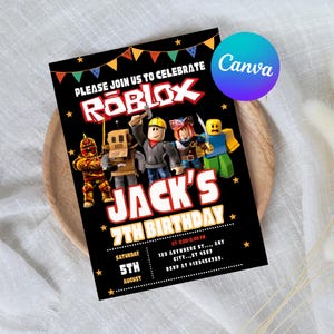 Roblox Invitation, Roblox Invite, Game Party, Roblox Boys Birthday Invitation Template, Game Birthday, Kids Roblox, Editable Template, Canva