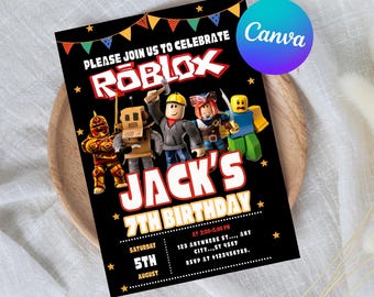 Invitación de Roblox, invitación de Roblox, fiesta de juegos, plantilla de invitación de cumpleaños de chicos de Roblox, cumpleaños de juegos, Roblox para niños, plantilla editable, Canva