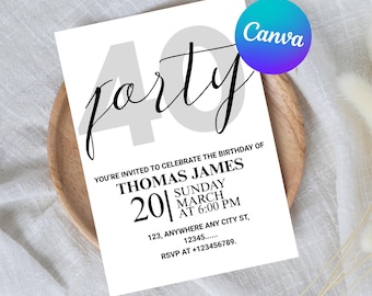 40th Birthday Invitation Template Editable Digital Invite for Her or Him Minimalist Modern Printable Forty and Fabulous Instant Download