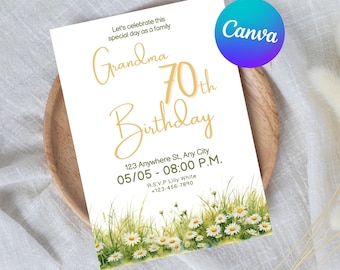 Floral 70th Birthday Invitation for Grandma, Editable Template (PDF)
