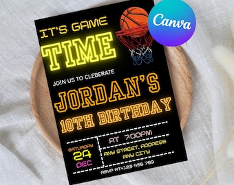 Invito di compleanno a tema basket modificabile, invito di compleanno per festa sportiva, tema sportivo, festa di compleanno per bambini, inviti stampabili a tema basket