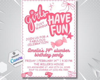 Sleepover Invitation Template: Pink Slumber Party & Teen Girl Birthday Canva Editable (Digital Download)