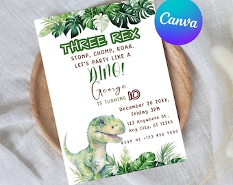 Three Rex Birthday Invitation Template, Dinosaur Party (Digital Download)