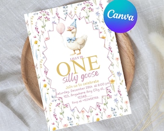 Silly Goose 1st Birthday Invitation, Pink Floral (Digital Invite)