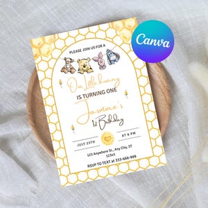 Pooh Birthday Invitation, Winnie The Pooh First Birthday Editable Template, Classic Winnie The Pooh 1st Birthday Party Canva Template