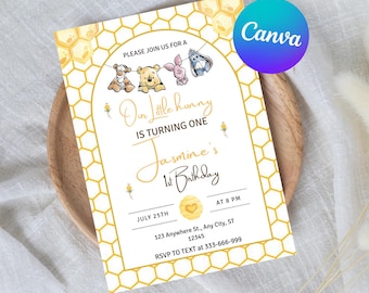 Winnie The Pooh Einladung zum ersten Geburtstag, bearbeitbare Canva-Vorlage (digitaler Download)