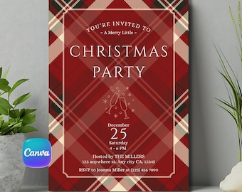 May include: A Christmas party invitation with a red and black plaid pattern. The invitation includes the text "You're Invited to a Merry Little Christmas Party" and details for the event, including the date, time, and RSVP information.