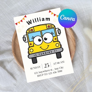 Wheels On The Bus Birthday Invitation - Yellow School Bus Birthday Invitation - Editable Template with School Bus Theme | DIGITAL DOWNLOAD