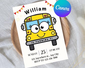 Könnte beinhalten: Eine Geburtstagseinladung mit einem Cartoon-Schulbus-Design. Die Einladung enthält den Namen "William", den Text "IS TURNING 9!", Datum, Uhrzeit, Adresse und RSVP-Informationen. Das Canva-Logo ist sichtbar.