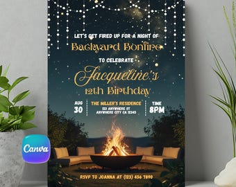 Bonfire Birthday Invitation Template: Cozy Campfire Party Canva Editable (Digital Download)