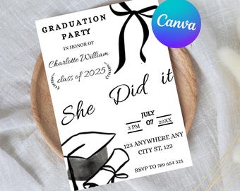 Black Bow Graduation Party Invitation, Editable Template (Digital Download)