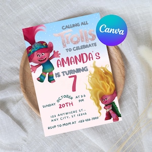 Editable Trolls Birthday Invitation, Trolls Poppy Invite, Poppy Trolls Invitation, Trolls Digital Invite, Kids Birthday Party Invite