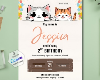Kitten Birthday Invitation Template, Editable Cat Birthday Party Invite, Baby Pink Kitty Theme Printable, Instant Download