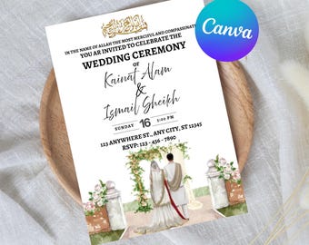 White and Gold Nikkah Invitation Template, Minimalist Muslim Wedding Invite (Digital)