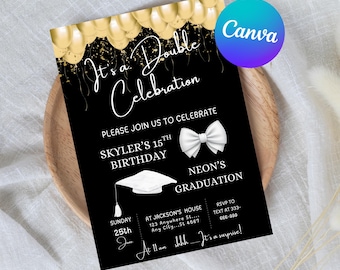 Birthday Graduation Invitation, Gold Glitter Double Celebration (Editable, Digital Download)