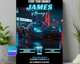 Super Car Birthday Invitation Template: Blue Neon Race Party Canva Editable (Digital Download)