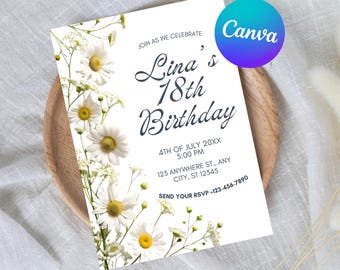 Invitación editable con diseño floral de margaritas para octavo cumpleaños, invitación para fiesta de cumpleaños con impresión en tonos pastel, invitación de cumpleaños para preadolescentes, invitación genial.