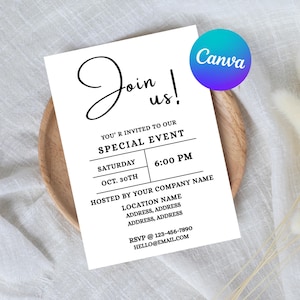 May include: A white invitation card with black text, including "Join us!" and event details. The card lists the date, time, and RSVP information. A Canva logo is in the upper right corner. The card is on a wooden plate.