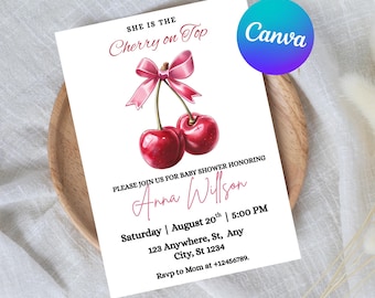 Cherry Baby Shower Invitation , Cherry on top Invite, Modern Baby Shower Invite, Coquette, Pink bow berries Minimal Girl Baby Shower Soft